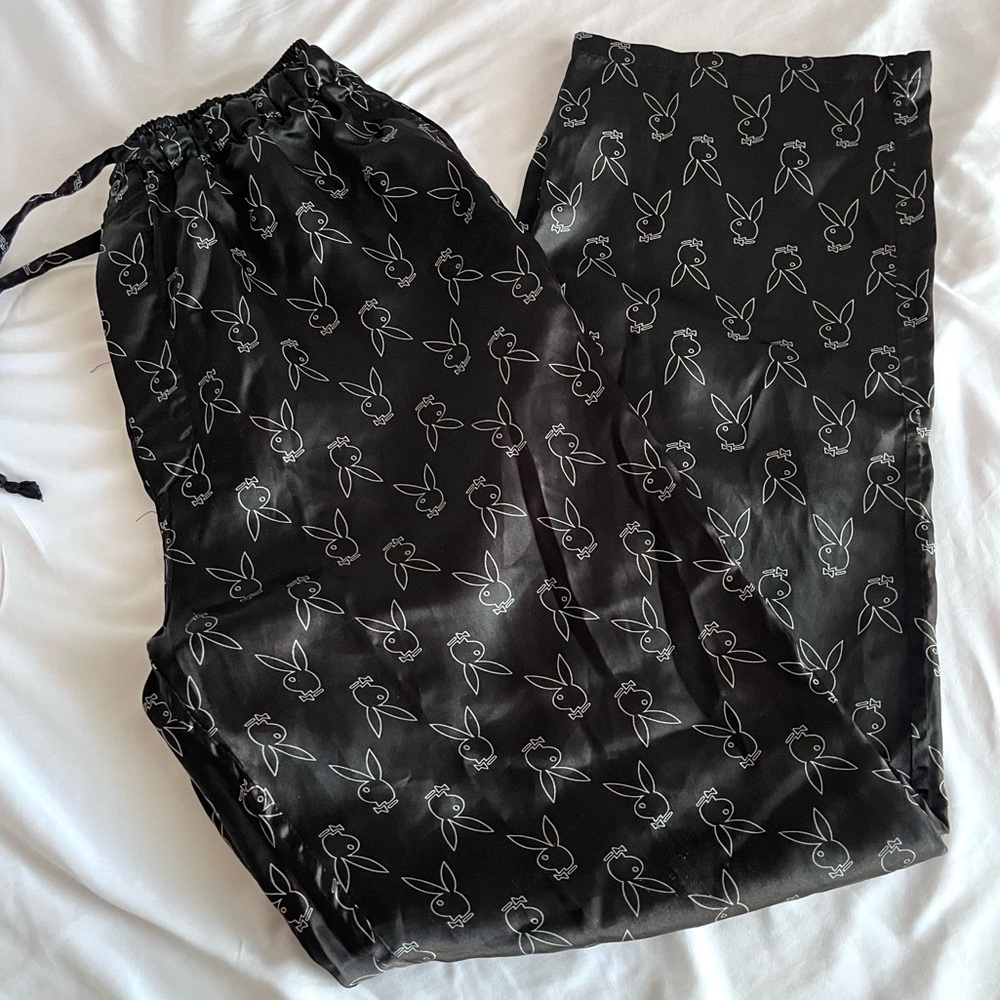 Playboy Satin Lounge Pants Monogram Medium Print Rare Baggy Streetwear Y2K